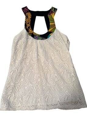 Trina Turk Cream Lace Tank with Black Multicolor Printed Yoke sz S
